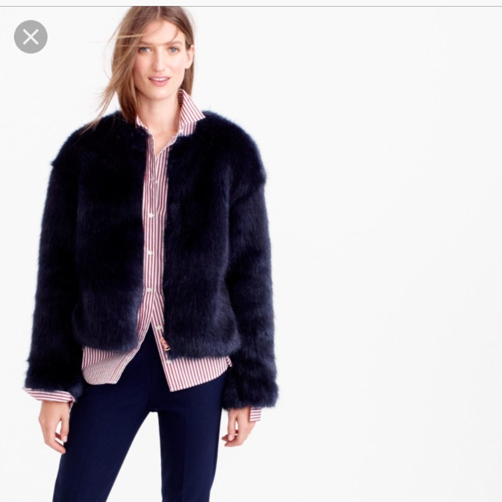 J Crew collection navy plush faux fur teddy M coat